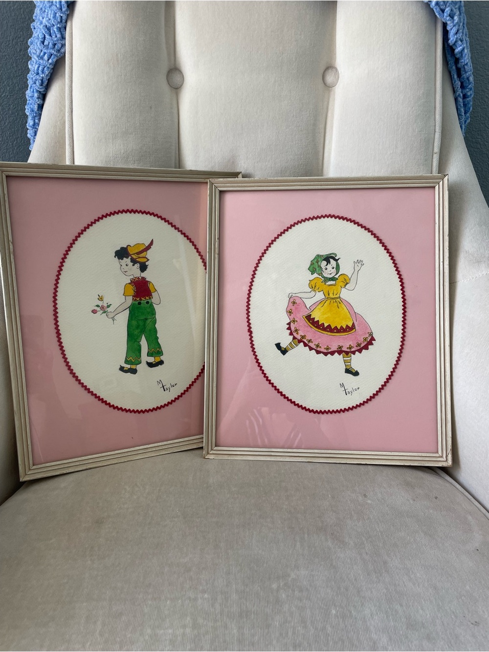 Pink Framed Vintage-Style Boy & Girl hand drawn & colored Art Prints